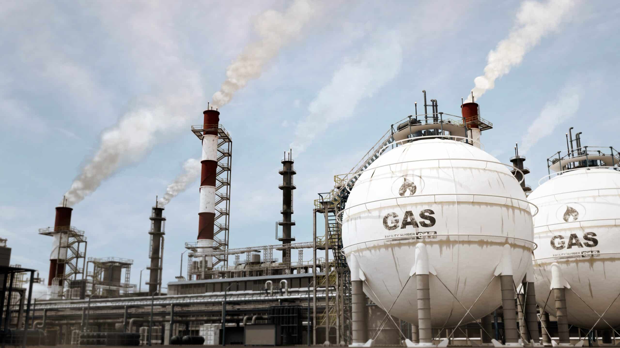 May contain two spherical gas tanks labeled GAS and smoking chimneys.