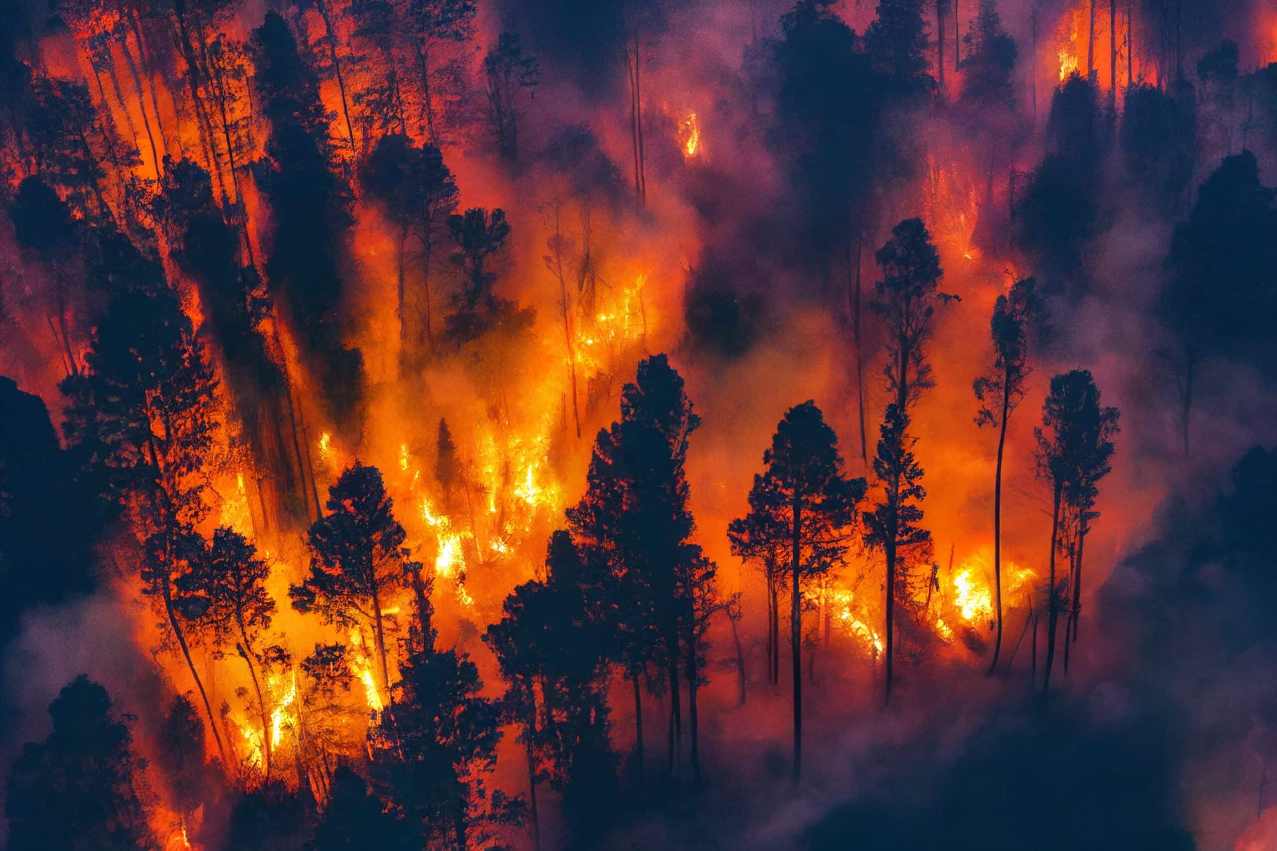 May contain a forest fire with flames and smoke rising.