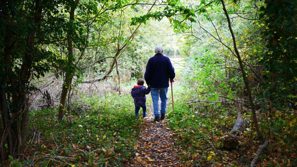 An older man walking next to a young child down a wooded path