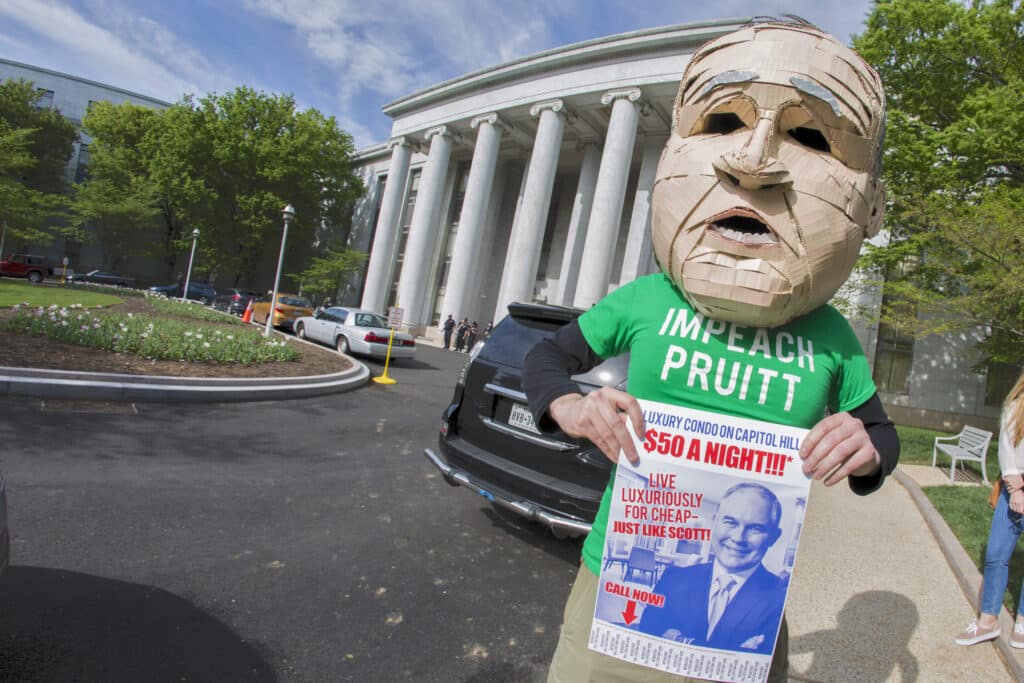 May contain one person in a large cardboard head and green shirt holding a flyer.