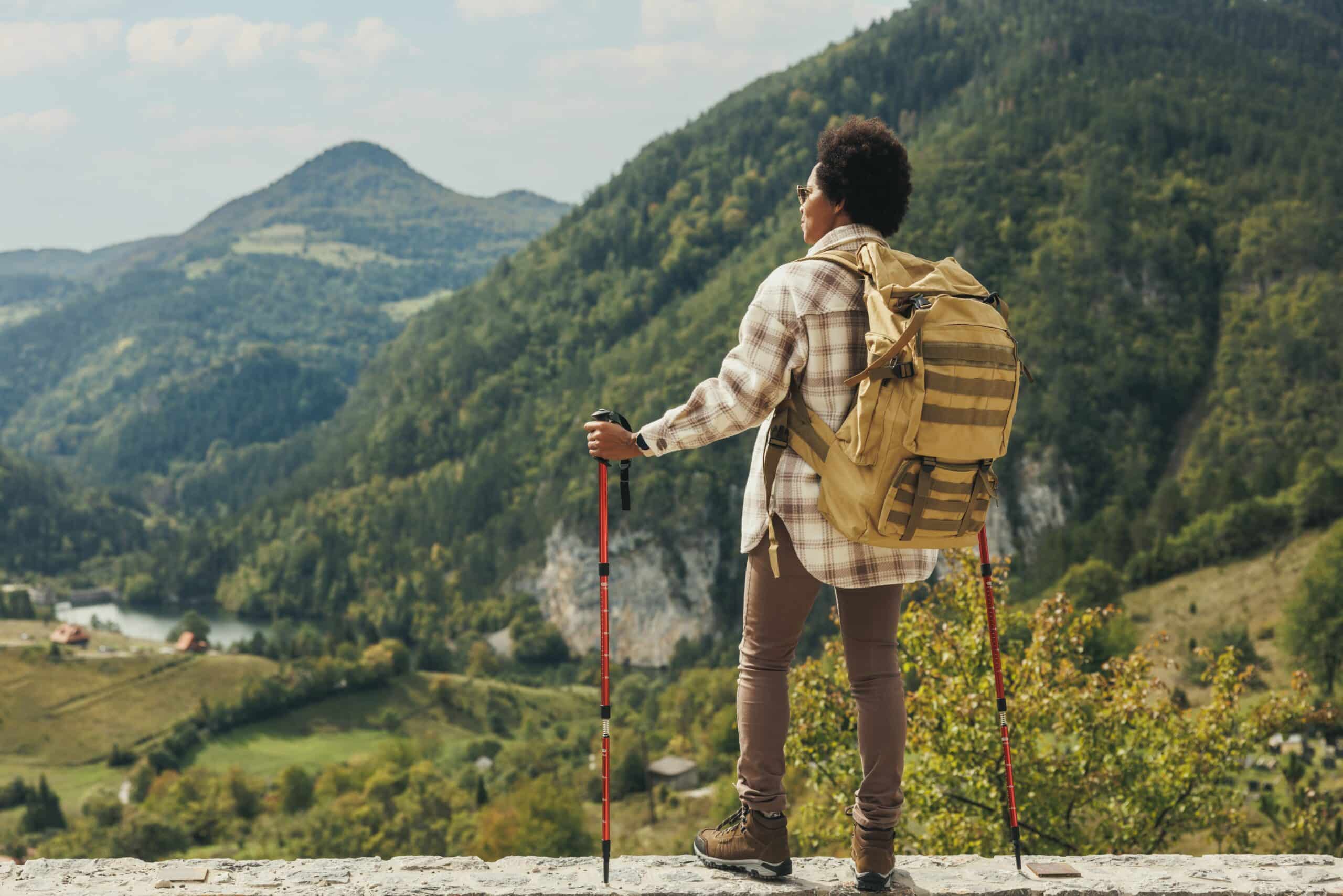 May contain one person wearing a backpack and holding hiking poles.